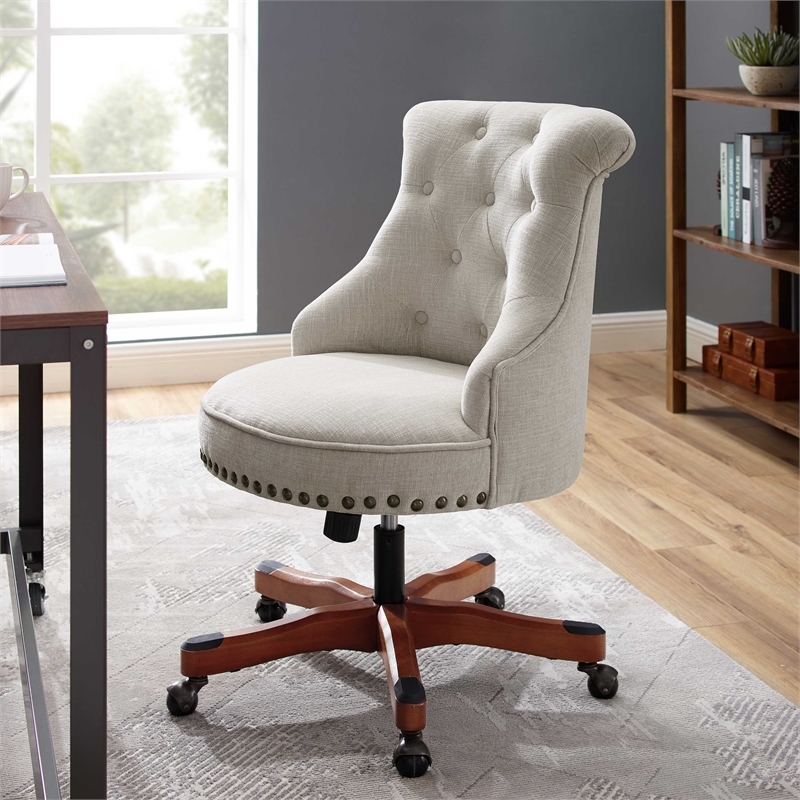 Bowery Hill Traditional Fabric Armless Office Chair in Dark Walnut/Natural Beige