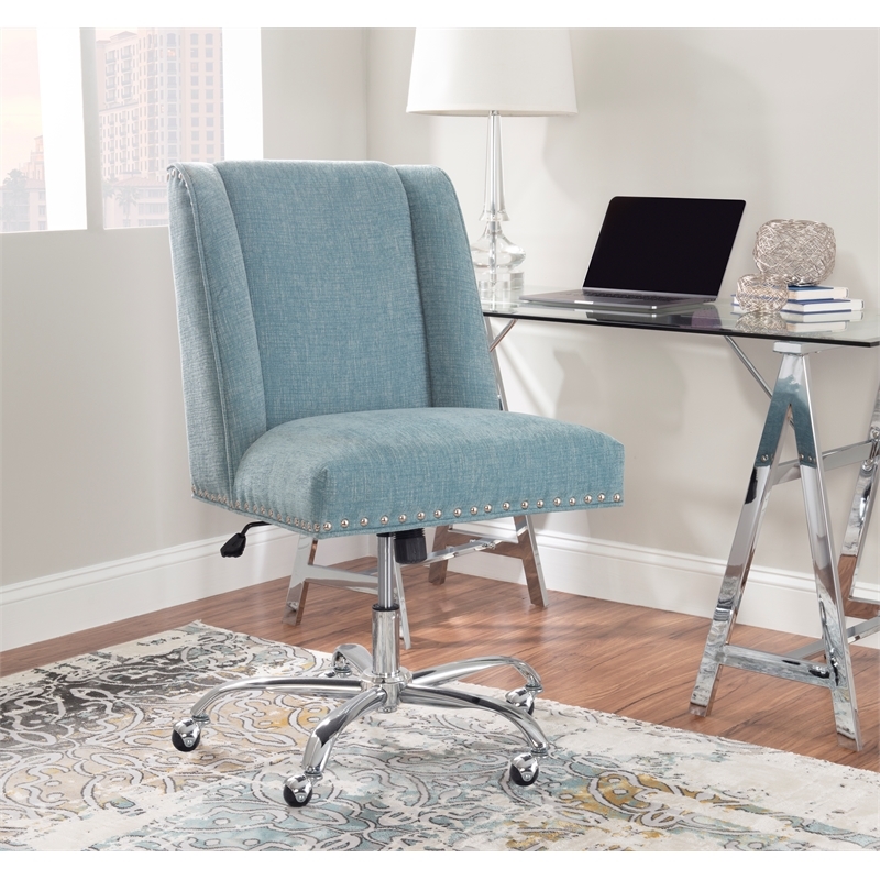 Bowery Hill Transitional Fabric Armless Office Chair in Aqua Blue/Chrome
