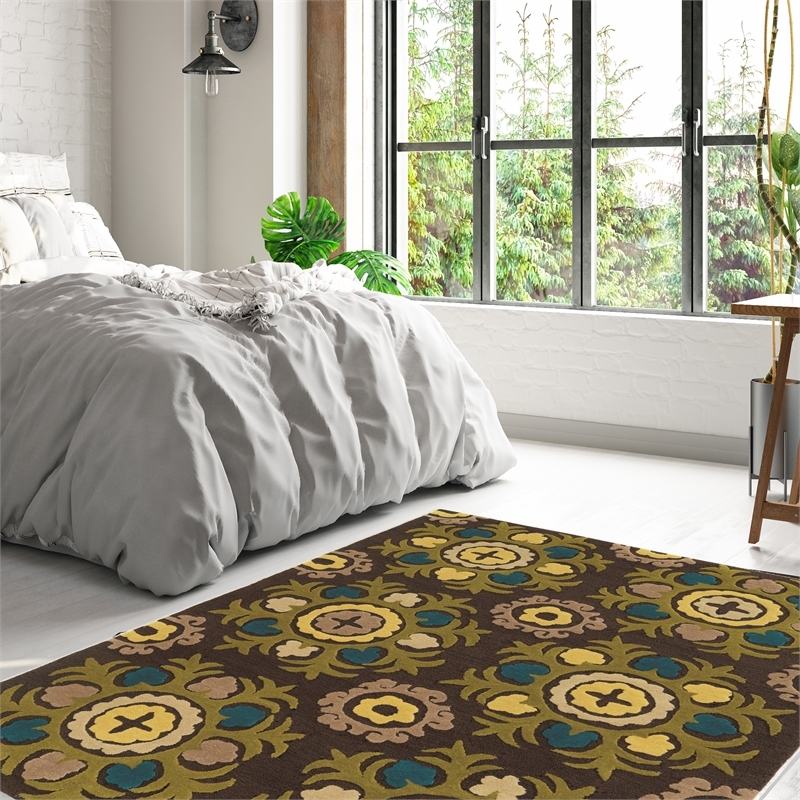Bowery Hill 96'' x 120'' Transitional Fabric Hand Tufted Rug in Brown/Green