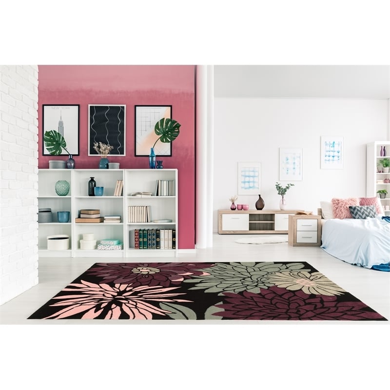 Bowery Hill 96'' x 120'' Transitional Fabric Hand Tufted Rug in Black/Pink/Green