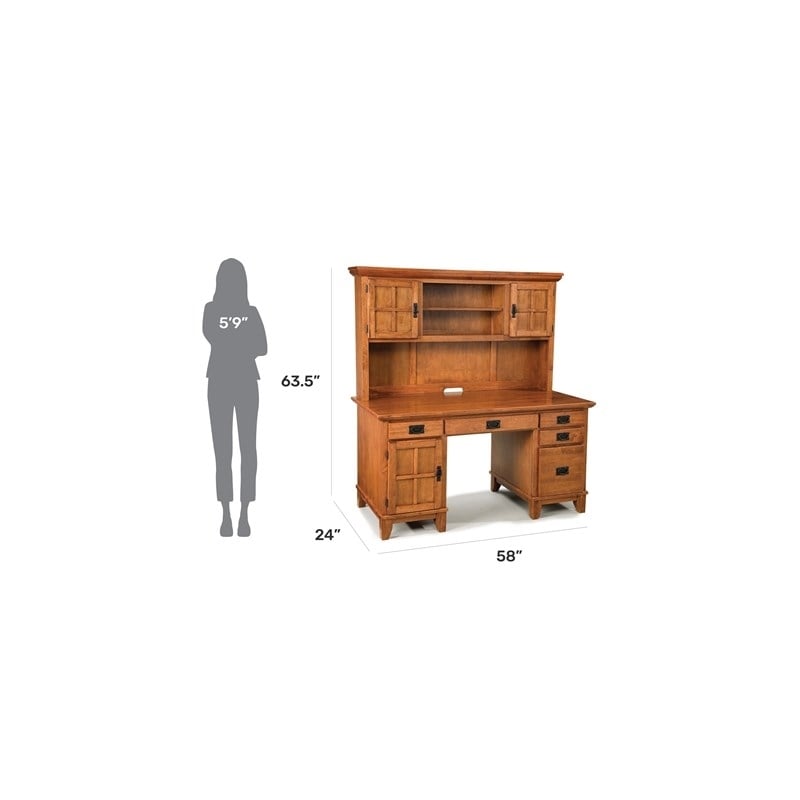 Bowery Hill Desk and Hutch Style Wood Pedestal Desk with Hutch in Cottage Oak