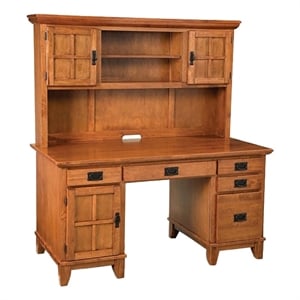 Bowery Hill Desk and Hutch Style Wood Pedestal Desk with Hutch in Cottage Oak