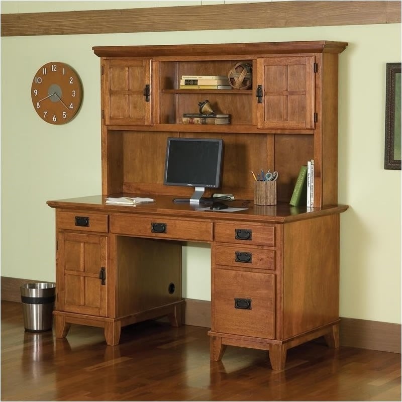 Bowery Hill Desk and Hutch Style Wood Pedestal Desk with Hutch in Cottage Oak