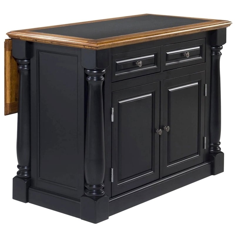 Bowery Hill Wood  Kitchen Island with Roll Out Leg & Granite Top in Black