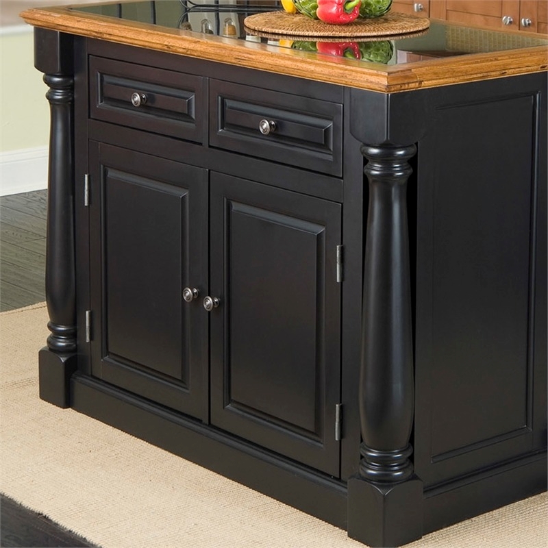 Bowery Hill Wood  Kitchen Island with Roll Out Leg & Granite Top in Black