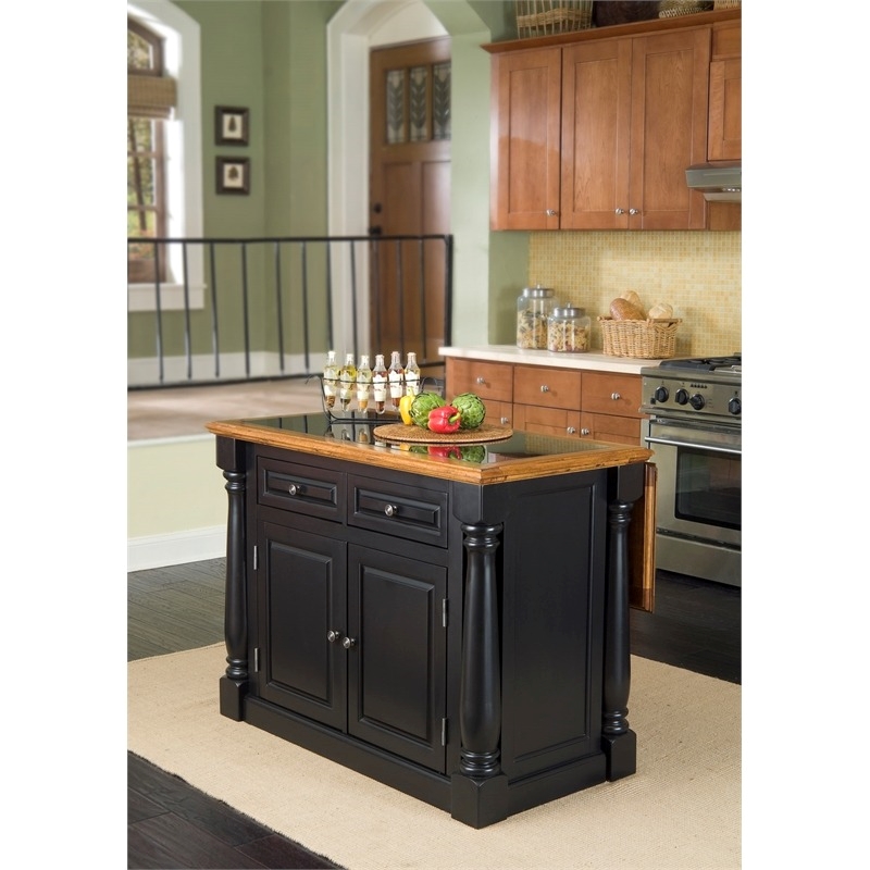 Bowery Hill Wood  Kitchen Island with Roll Out Leg & Granite Top in Black
