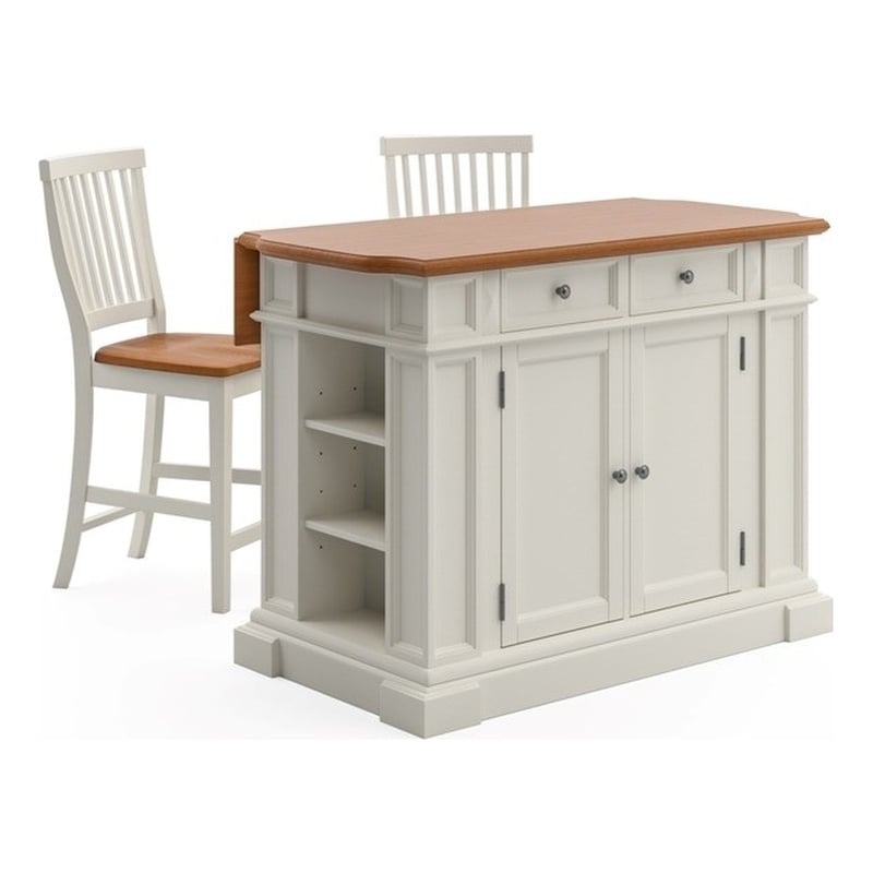 Bowery Hill Traditional Wood Kitchen Island and Stools in Off White