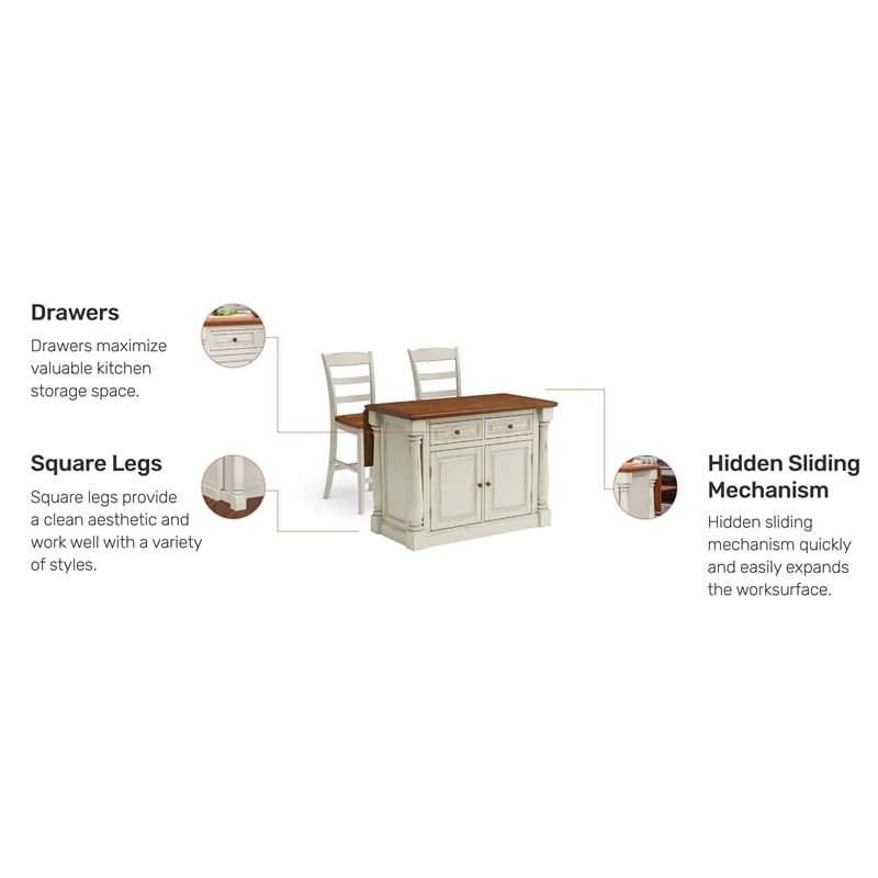 Bowery Hill Traditional Wood Kitchen Island and Stools in Off White