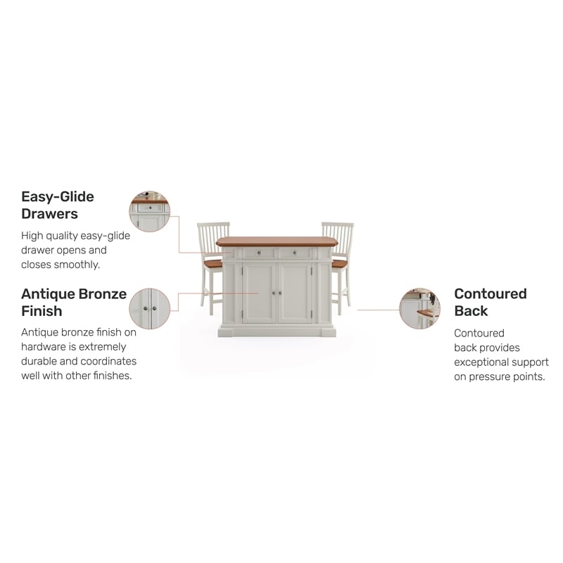 Bowery Hill Traditional Wood Kitchen Island and Stools in Off White