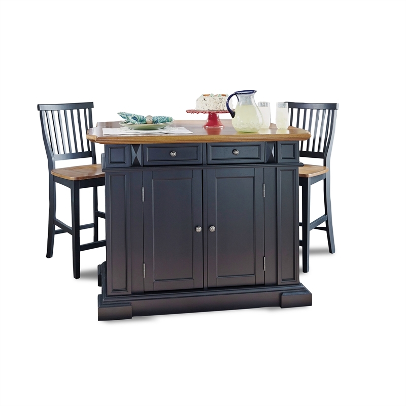 Bowery Hill Traditional Wood Kitchen Island and Stools in Black/Distressed Oak