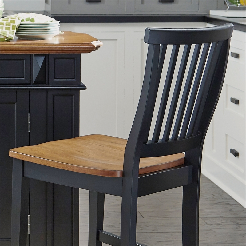 Bowery Hill Traditional Wood Kitchen Island and Stools in Black/Distressed Oak