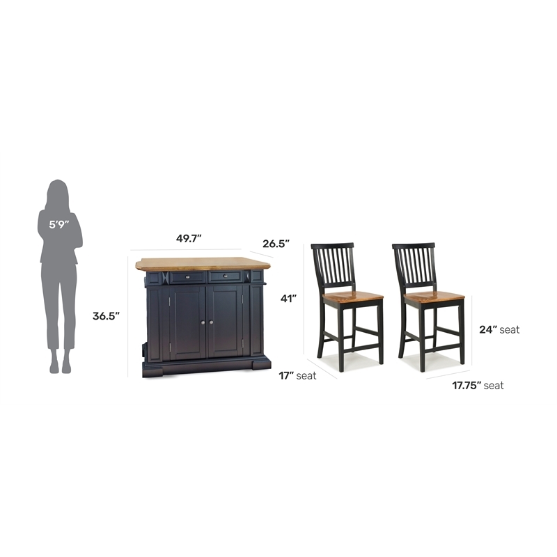 Bowery Hill Traditional Wood Kitchen Island and Stools in Black/Distressed Oak