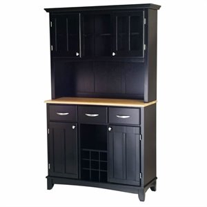 Bowery Hill Wine Rack Buffet with Natural Wood Top and 2 Door Hutch in Black