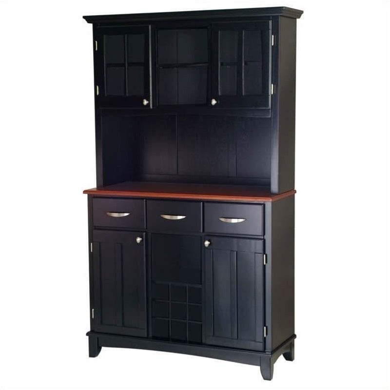 Bowery Hill Wine Rack Buffet With Cherry Wood Top And 2 Door Hutch In Black Bowery Hill Wine Rack Buffet With Cherry Wood Top And 2 Door Hutch In Black