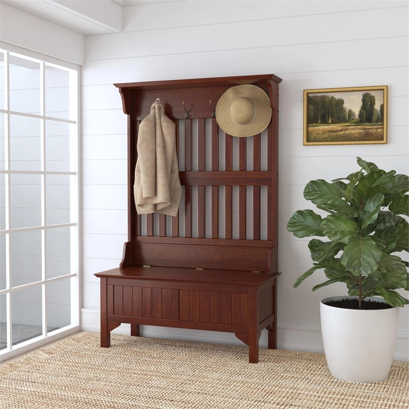 Bowery Hill Solid Hard Wood Hall Tree with Lift-Up Storage Seat in Cherry