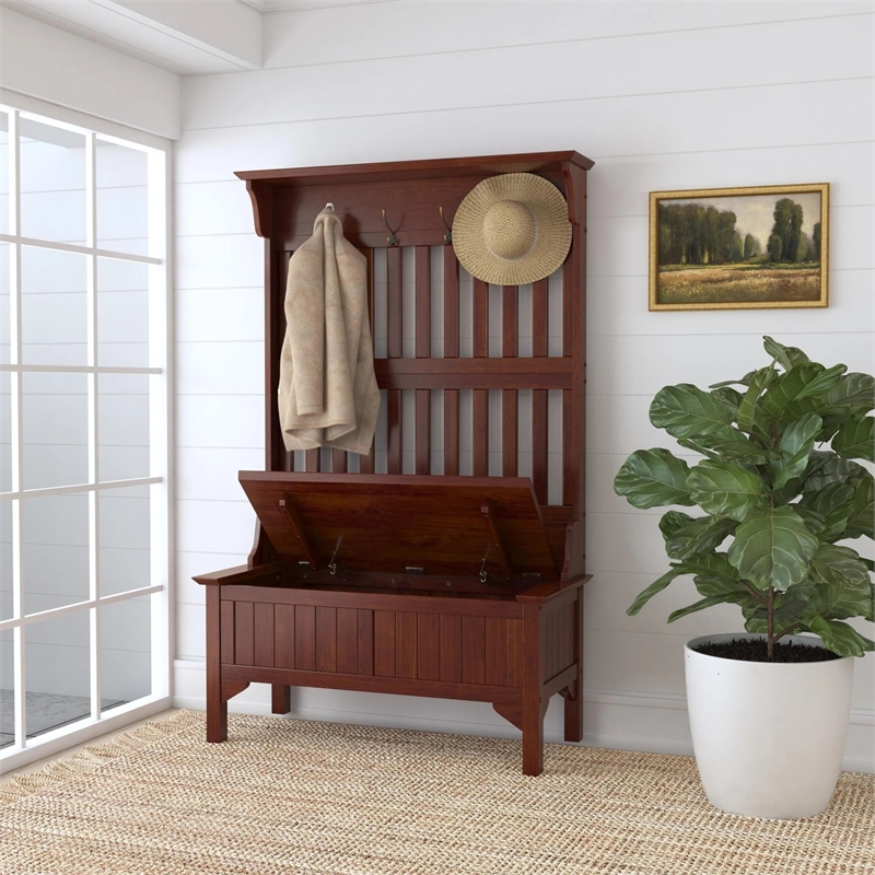 Bowery Hill Solid Hard Wood Hall Tree with Lift-Up Storage Seat in Cherry