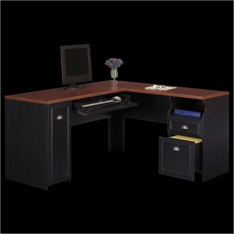 Bowery Hill Farmhouse Wood L-Shaped Computer Desk in Antique Black/Cherry