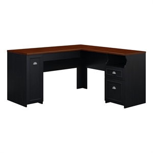 Bowery Hill Farmhouse Wood L-Shaped Computer Desk in Antique Black/Cherry