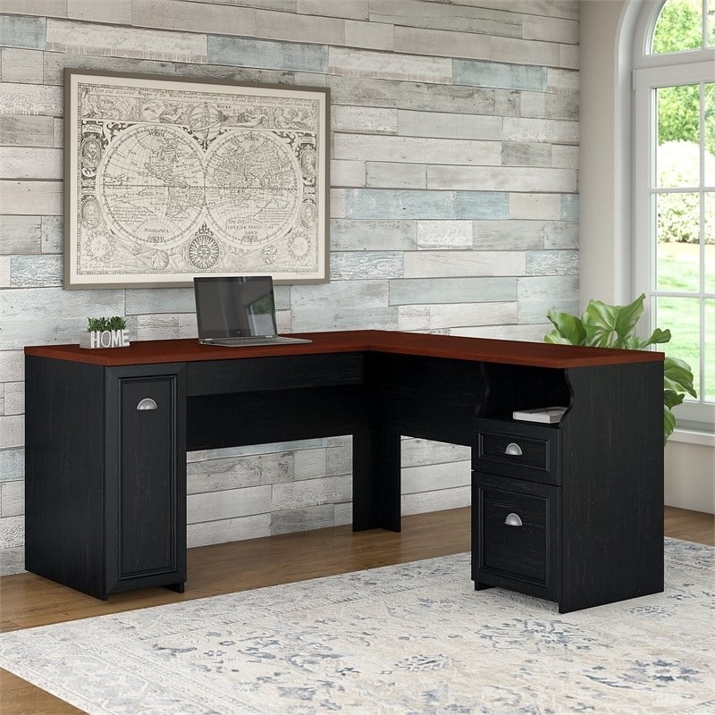 Bowery Hill Farmhouse Wood L-Shaped Computer Desk in Antique Black/Cherry