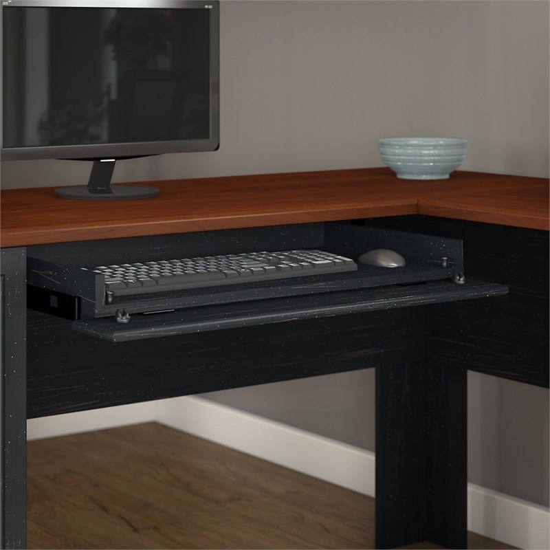 Bowery Hill Farmhouse Wood L-Shaped Computer Desk in Antique Black/Cherry
