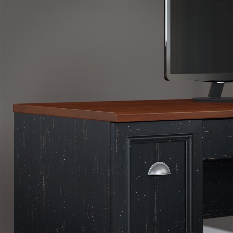 Bowery Hill Farmhouse Wood L-Shaped Computer Desk in Antique Black/Cherry