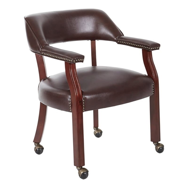 Bowery Hill Traditional Vinyl/Wood Guest Chair with Casters in Mahogany Brown