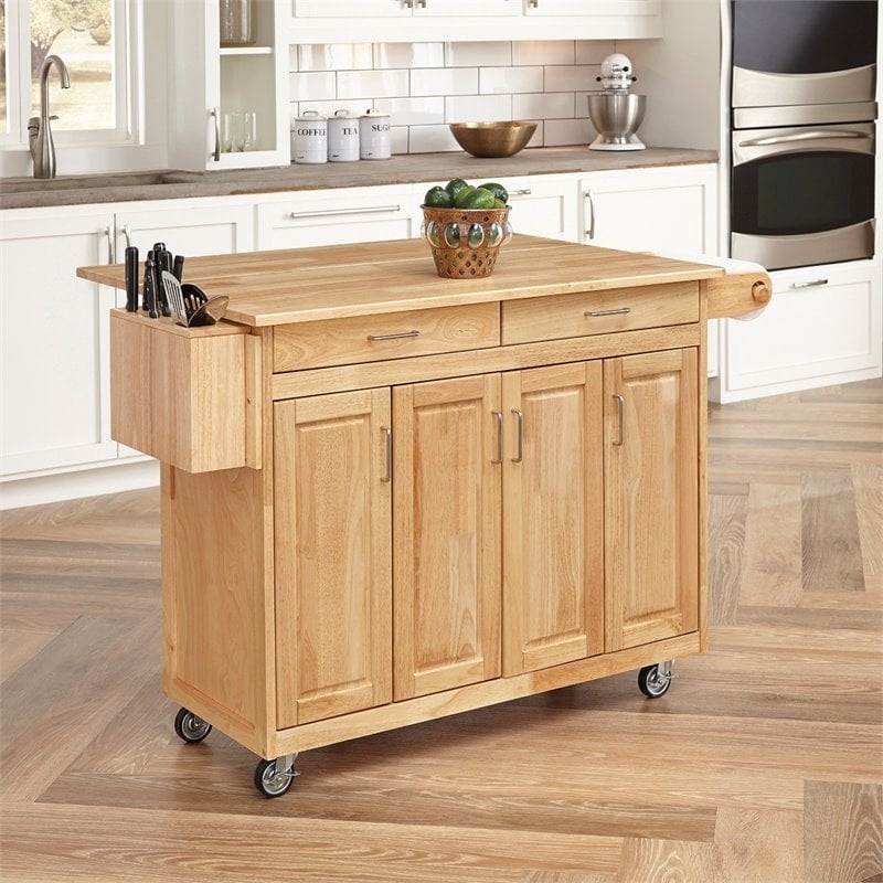 Bowery Hill 2-Drawer Wood Kitchen Cart with Breakfast Bar in Natural