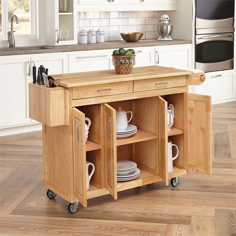 Bowery Hill 2-Drawer Wood Kitchen Cart with Breakfast Bar in Natural