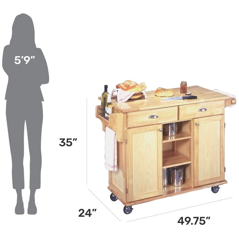 Bowery Hill 2-Drawer and 4-Shelf Wood Kitchen Cart in Natural