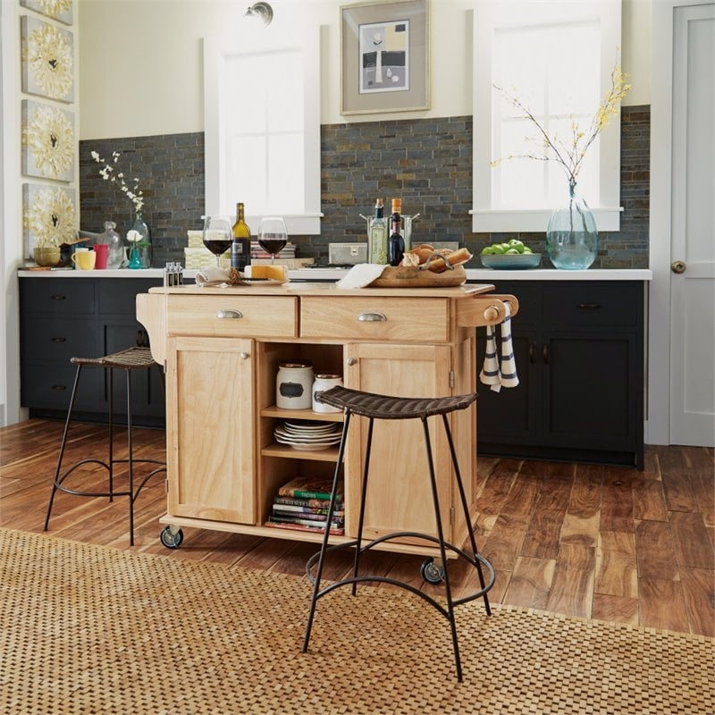Bowery Hill 2-Drawer and 4-Shelf Wood Kitchen Cart in Natural