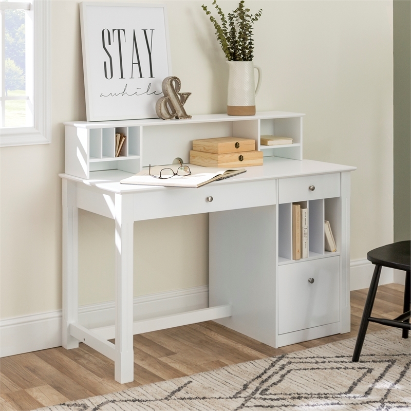 Bowery Hill Solid Wood Deluxe Computer Desk with Detachable Hutch in White
