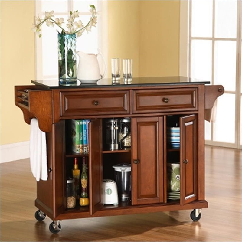 Bowery Hill Traditional Wood Kitchen Cart with Granite Top in Cherry/Black