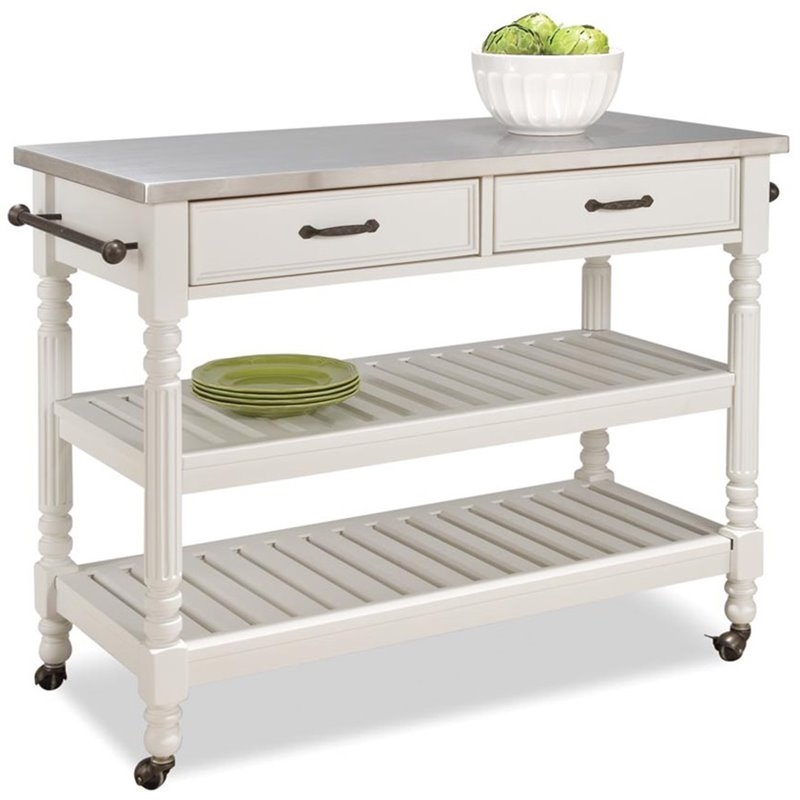 Bowery Hill Wood Kitchen Cart with Stainless Steel Top in Off White