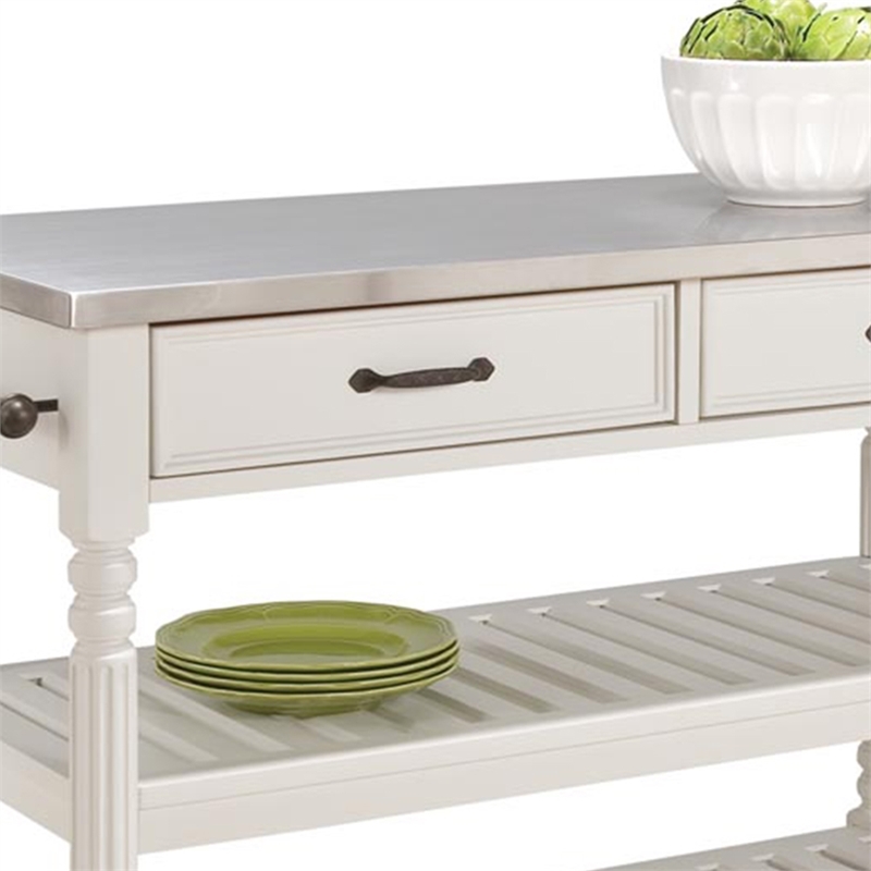 Bowery Hill Wood Kitchen Cart with Stainless Steel Top in Off White