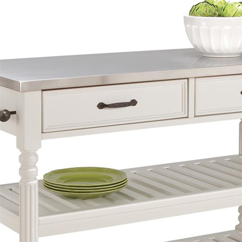 Bowery Hill Wood Kitchen Cart with Stainless Steel Top in Off White