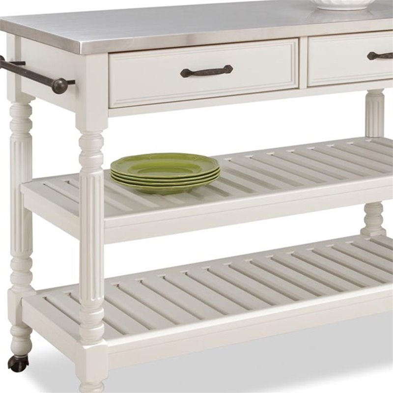 Bowery Hill Wood Kitchen Cart with Stainless Steel Top in Off White