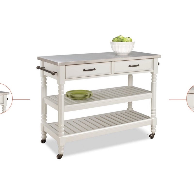 Bowery Hill Wood Kitchen Cart with Stainless Steel Top in Off White