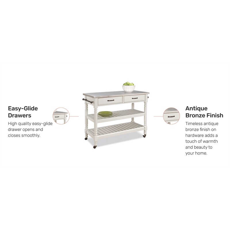 Bowery Hill Wood Kitchen Cart with Stainless Steel Top in Off White