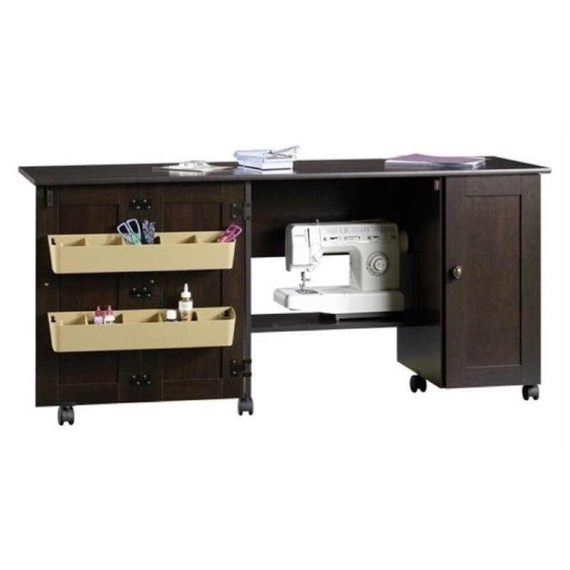 Bowery Hill Engineered Wood Craft and Mobile Sewing Cart in Cinnamon Cherry