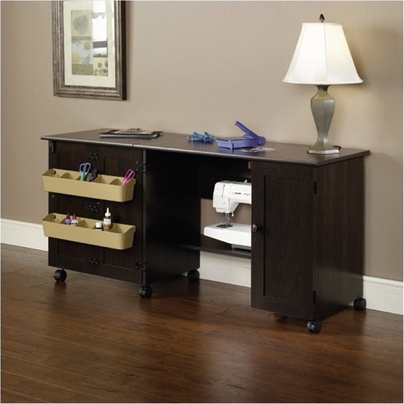 Bowery Hill Engineered Wood Craft and Mobile Sewing Cart in Cinnamon Cherry