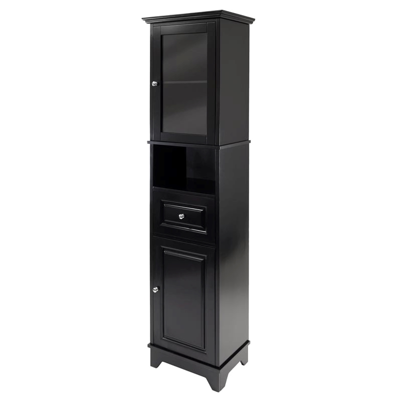Bowery Hill Adjustable Shelf Modern Solid Wood Tall Linen Cabinet in Black