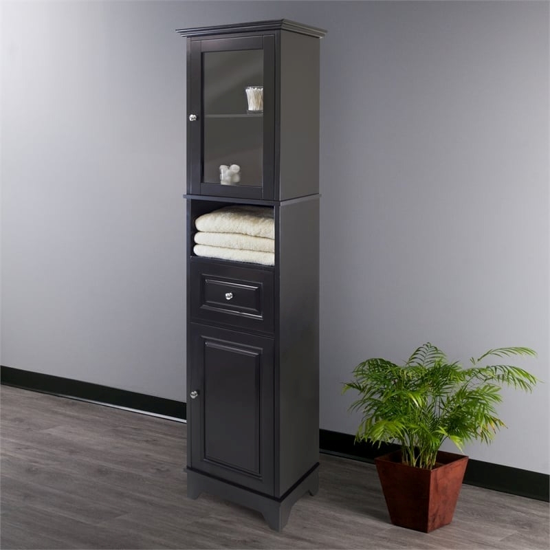 Bowery Hill Adjustable Shelf Modern Solid Wood Tall Linen Cabinet in Black
