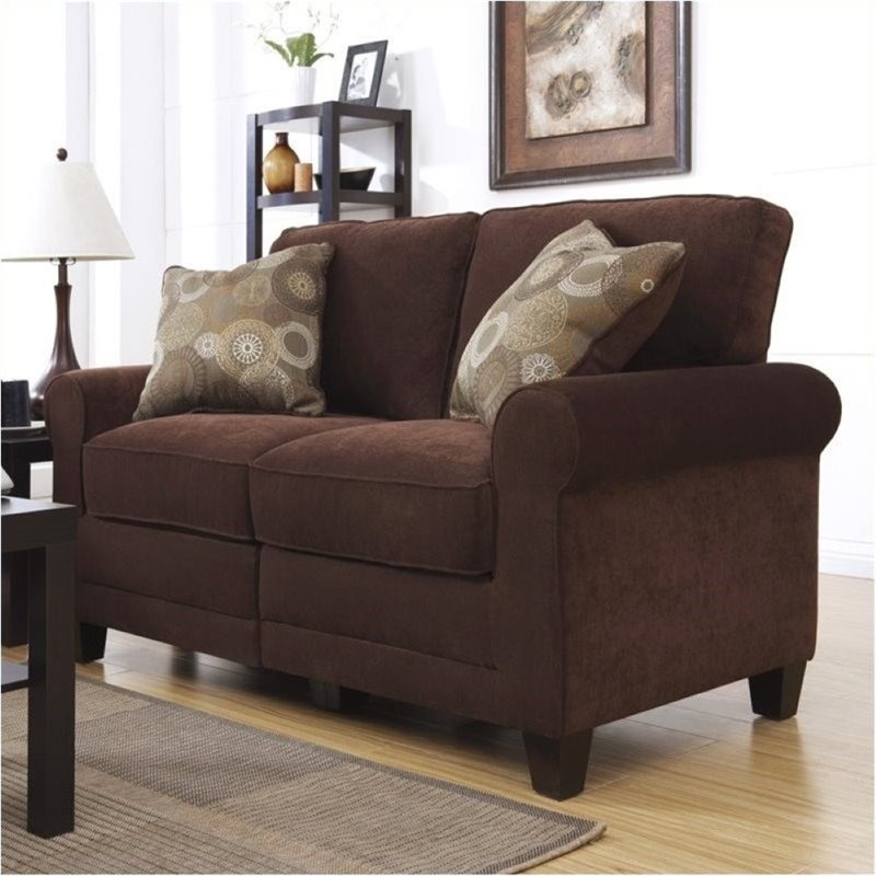 Bowery Hill Traditional Fabric Loveseat with 2 Pillows in Rye Brown