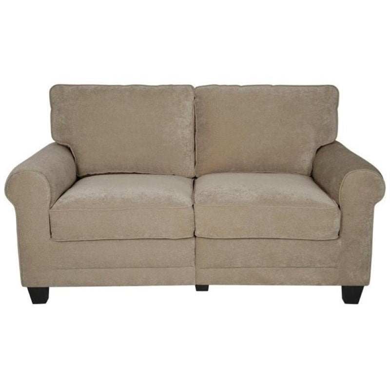 Bowery Hill Traditional Velvet Fabric Loveseat with 2 Pillows in Marzipan Beige