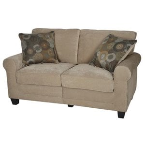 Bowery Hill Traditional Velvet Fabric Loveseat with 2 Pillows in Marzipan Beige