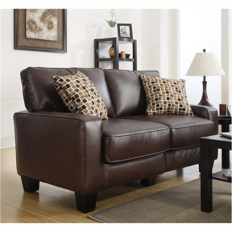 Bowery Hill Modern Leather Loveseat with 2 Pillows in Chestnut Brown