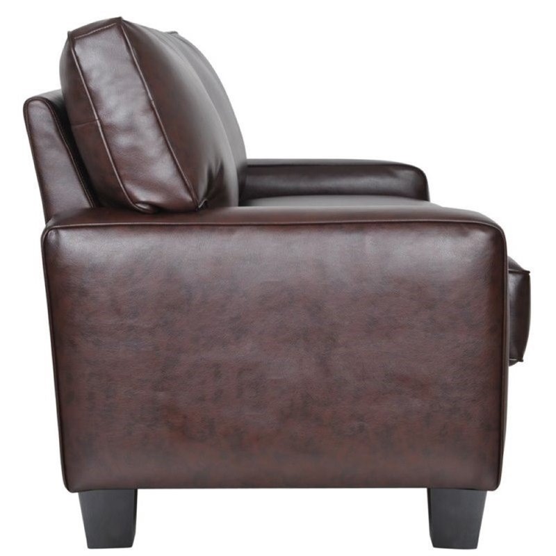 Bowery Hill Modern Leather Loveseat with 2 Pillows in Chestnut Brown