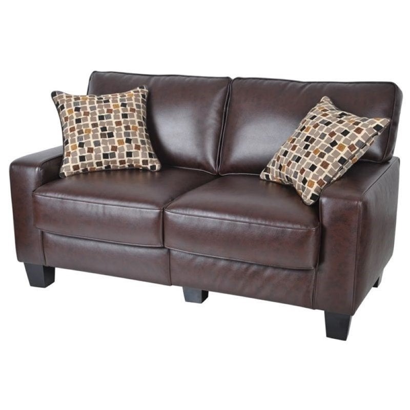 Bowery Hill Modern Leather Loveseat with 2 Pillows in Chestnut Brown