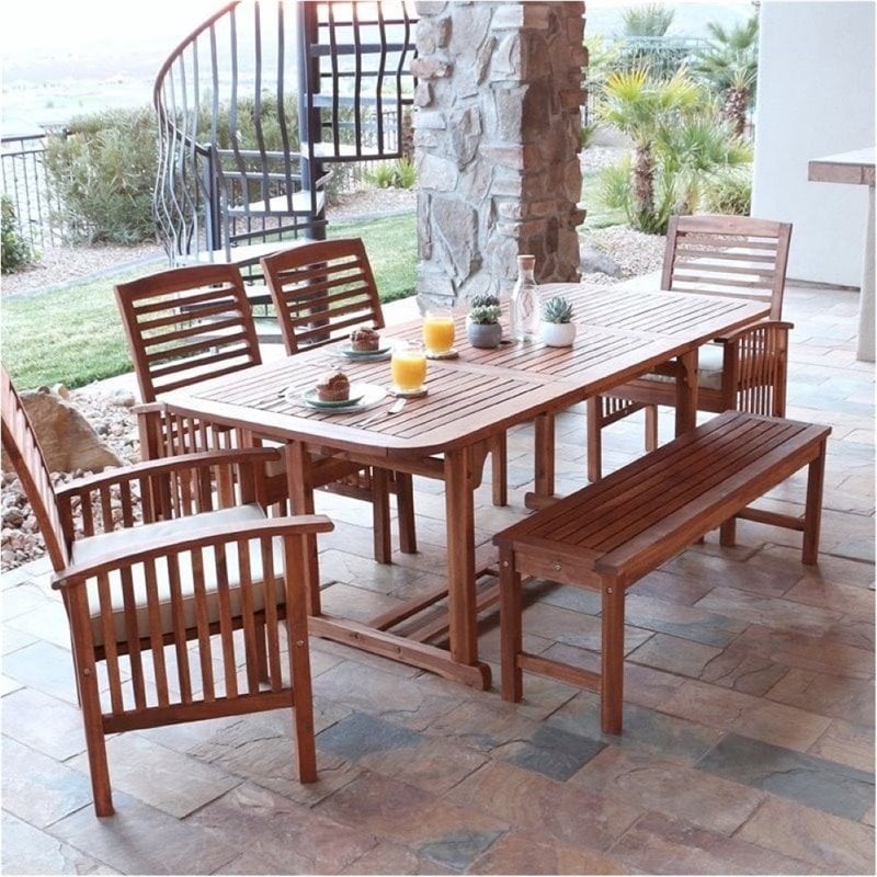 Bowery Hill 6 Piece Wood Patio Dining Set with Cushion in Brown