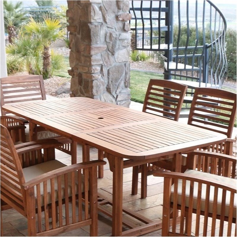 Bowery Hill 6 Piece Wood Patio Dining Set with Cushion in Brown